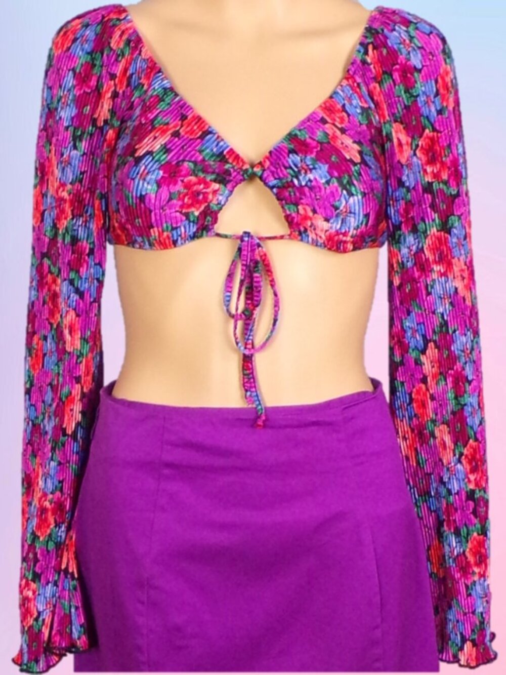 WILD FABLE size XXS multicolor floral long-sleeve crop top crepe fabric